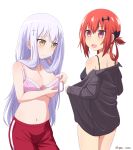  2_girls adjusting_bra adjusting_clothes bad_id bad_pixiv_id bat_hair_ornament big_breasts black_bra black_shirt bra breast_hold breasts c: cross_hair_ornament dot_nose gabriel_dropout hair_ornament hair_ribbon hair_rings high_res long_hair looking_back midriff multiple_girls navel nyaroon open_mouth pants pink_bra purple_eyes raphiel_shiraha_ainsworth red_hair ribbon satanichia_kurumizawa_mcdowell shirt smile track_pants twitter_username underwear undressing white_background white_hair 