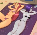  2_girls alien alien_girl alien_humanoid ass bad_tyke_(artist) badtyke beach bikini black_bikini black_swimsuit crab dc_comics demon_girl forehead_jewel green_eyes grey_body grey_skin half_demon long_hair orange_body orange_skin purple_eyes purple_hair raven_(dc) red_hair redhead short_hair starfire striped_bikini striped_swimsuit suggestive_look sunbathing superheroine swimsuit tamaranean teen_titans 