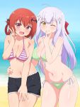  2_girls bad_id bad_pixiv_id bat_hair_ornament big_breasts bikini blush breasts cleavage closed_mouth collarbone day fang gabriel_dropout green_bikini hair_ornament hair_ribbon hand_on_own_hip high_res long_hair multiple_girls navel nyaroon ocean one_eye_closed open_mouth outside purple_eyes purple_hair raphiel_shiraha_ainsworth red_hair ribbon satanichia_kurumizawa_mcdowell shiny_skin shorts side-tie_bikini_bottom sky smile striped striped_bikini swimsuit v yellow_eyes 