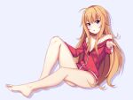  1girl 1girl bare_shoulders barefoot blonde_hair blue_background blush breasts collarbone commentary_request feet from_side full_body gabriel_dropout gabriel_tenma_white hand_on_own_knee head_tilt huan_(hao7551789) jacket long_hair looking_at_viewer messy_hair open_mouth photoshop_(medium) purple_eyes red_jacket silhouette simple_background sitting small_breasts toes track_jacket very_long_hair 