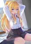  1girl 1girl absurd_res adjusting_hair black_skirt black_socks blonde_hair blue_eyes blush commentary_request day gabriel_dropout gabriel_tenma_white hair_tie_in_mouth high_res indoors kneehighs long_hair looking_at_viewer mouth_hold on_floor pleated_skirt ponytail red_ribbon ribbon school_uniform seiza shirt sitting skirt socks tenma-gav tying_hair uniform very_long_hair white_shirt 