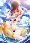  1girl 1girl :3 alternate_costume armpits arms_up banana_boat bare_shoulders bat_cutout bat_hair_ornament bikini black_bikini black_ribbon blue_sky blush breasts clothing_cutout cloud cluseller collarbone commentary_request day fang food fruit gabriel_dropout hair_ornament hair_ribbon happy high_res holding inflatable_raft knee_up lens_flare light_particles light_rays long_hair looking_at_viewer medium_breasts navel object_on_head ocean open_mouth orange_hair outside pink_eyes ribbon riding satanichia_kurumizawa_mcdowell shiny_skin sidelocks sitting sky smile stomach string_bikini sunlight swimsuit twin_tails under_boob v-shaped_eyebrows water watermelon 