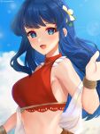  1girl 1girl :d alluring bare_shoulders blue_eyes blue_hair blue_sky bracelet breasts caeda_(fire_emblem) caeda_(summer)_(fire_emblem) cloud commentary_request edamameoka fire_emblem fire_emblem:_mystery_of_the_emblem fire_emblem_heroes flower hair_flower hair_ornament high_res jewelry long_hair looking_at_viewer medium_breasts nintendo official_alternate_costume open_mouth sky smile swimsuit upper_body 