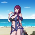 1girl 4thanysc alluring beach big_breasts bikini blue_sky cleavage fire_emblem fire_emblem_engage ivy_(fire_emblem) ocean pink_eyes purple_hair sokloeum