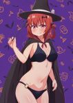  1girl 1girl bad_id bad_pixiv_id bat_(animal) bikini black_bikini black_cape black_cloak blush breasts cape cloak fang fang_out gabriel_dropout hair_rings halloween hat high_res long_hair looking_at_viewer medium_breasts navel nyaroon o-ring o-ring_bikini polearm purple_eyes red_hair satanichia_kurumizawa_mcdowell smile swimsuit trident weapon witch_hat 