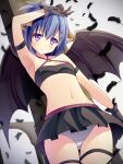  1girl 1girl arm_on_head arm_strap armpits bandeau black_feathers black_gloves black_skirt black_wings blue_hair commentary_request demon_girl demon_horns demon_wings feathers gabriel_dropout gloves hair_ornament hallelujah_essaim high_res horns liya long_hair looking_at_viewer miniskirt navel panties pantyshot petite photoshop_(medium) purple_eyes short_hair skirt smile strapless thigh_strap underwear vignette_tsukinose_april white_panties wings x_hair_ornament 