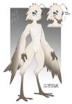  1girl 2022 3_fingers anthro avian avian_feet beak biped blue_eyes blush english_text feathered_wings feathers female_only fingers flat_chested freckles furry genitals high_res innie_pussy lyra_(w4g4) nude open_mouth pussy simple_background standing tail_feathers text w4g4 winged_arms wings 