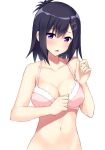  1girl 1girl :o bad_id bad_twitter_id bare_arms bare_shoulders black_hair blush bra breasts cleavage cocona collarbone embarrassed gabriel_dropout hair_ornament hairclip head_tilt looking_at_viewer medium_breasts navel open_mouth pink_bra purple_eyes raised_eyebrows short_hair simple_background stomach underwear underwear_only upper_body vignette_tsukinose_april white_background x_hair_ornament 