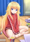  1girl 1girl :o barefoot blonde_hair blue_eyes blush book can commentary_request computer cup_ramen curtains cushion food gabriel_dropout gabriel_tenma_white head_tilt high_res indoors jacket kazenokaze laptop leg_grab long_hair long_sleeves noodles open_mouth outstretched_arms red_jacket sitting sliding_doors soda_can tissue tissue_box track_jacket very_long_hair wooden_floor zipper 