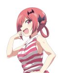  1girl 1girl :d armpit_peek bare_shoulders bat_hair_ornament breasts commentary_request fang gabriel_dropout hair_ornament hair_ribbon hair_rings hand_to_own_mouth laughing looking_down medium_breasts open_mouth red_eyes red_hair ribbon satanichia_kurumizawa_mcdowell shirt sideboob sincos sleeveless smile smug striped striped_shirt upper_body v-shaped_eyebrows white_background 