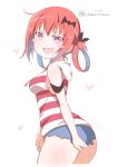  1girl 1girl artist_name ass bad_id bad_pixiv_id blush_stickers breasts commentary_request doyagao fang gabriel_dropout gradient_hair heart kitahara_tomoe_(kitahara_koubou) looking_at_viewer multicolored_hair pink_eyes red_hair satanichia_kurumizawa_mcdowell shiny_skin shirt short_shorts shorts sideboob sketch skin_fang smile smug striped striped_shirt thighs white_background 