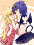  2_girls ^^^ ahoge aqua_eyes back bare_shoulders blonde_hair blue_eyes blue_hair blush demon_girl demon_horns demon_tail demon_wings female_only finger_to_another&#039;s_mouth forehead-to-forehead frown gabriel_dropout gabriel_tenma_white hair_ornament hallelujah_essaim hand_on_another&#039;s_face heads_together horns imminent_kiss jacket long_hair md5_mismatch messy_hair miniskirt multiple_girls open_mouth parted_lips profile sazanka short_hair skirt strapless tail track_jacket tube_top vignette_tsukinose_april wings x_hair_ornament you_gonna_get_raped yuri 