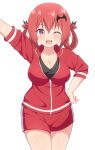  1girl ;d arm_up bat_hair_ornament big_breasts blush breasts cleavage collarbone commentary_request cowboy_shot fang gabriel_dropout gym_uniform hair_ornament hand_on_own_hip high_res jacket looking_at_viewer nyaroon one_eye_closed open_mouth pink_eyes red_hair red_shorts red_sweater satanichia_kurumizawa_mcdowell sfw short_hair shorts simple_background smile sweater thighs track_jacket white_background zipper_pull_tab 