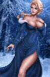  1girl artist_signature big_breasts big_thighs blonde_hair blue_dress blue_eyes breasts brown_eyebrows cleavage detailed_background disney dress elsa elsa_(frozen) female_only flowerxl frozen_(movie) hand_on_chest legs_out long_hair looking_at_another pale-skinned_female pinup ponytail princess purple_background purple_eyebrows slim_waist snowflakes snowing solo_female tagme 