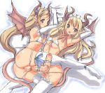  2girls armpits blonde_hair censored cum demon_girl demon_wings elbow_gloves foreskin futa_on_futa futa_with_futa futanari gloves horns multiple_girls multiple_penises oekaki original penis penis_ornament penis_ribbon penises_touching pointy_ears purple_eyes pussy ribbon stockings tail thighhighs ubanis wings 