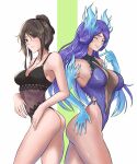 2_girls :d absurd_res alluring ass bare_shoulders big_breasts black_one-piece_swimsuit blue_fire blue_gloves blue_hair blue_one-piece_swimsuit breasts brighid brighid_(water_lily)_(xenoblade) brighid_(xenoblade) brown_hair calmgreentori cleavage closed_eyes closed_mouth collarbone commentary elbow_gloves english_commentary fire gloves green_background grin high_res long_hair looking_at_viewer morag_ladair morag_ladair_(obligatory_leave)_(xenoblade) morag_ladair_(xenoblade) multiple_girls nintendo one-piece_swimsuit open_mouth red_eyes smile swimsuit teeth two-tone_background white_background xenoblade_(series) xenoblade_chronicles_(series) xenoblade_chronicles_2