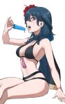  1girl absurd_res alluring alternate_costume arm_support bare_arms bare_shoulders big_breasts bikini black_bikini black_swimsuit breasts byleth_(female)_(summer)_(fire_emblem) byleth_(fire_emblem) byleth_(fire_emblem)_(female) byleth_(summer)_(fire_emblem)_(female) commentary female_only fire_emblem fire_emblem:_three_houses fire_emblem_heroes flower food grimmelsdathird hair_flower hair_ornament hand_up high_res holding holding_food long_hair looking_at_viewer navel nintendo official_alternate_costume open_mouth popsicle purple_eyes red_flower simple_background sitting stomach swimsuit teal_hair thighs white_background 