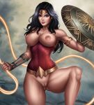  1female 1girl abstract_background armgloves arms_behind_head big_breasts black_hair blue_eyes bodysuit breasts_out_of_clothes day dc_comics diana_prince dutch_angle female_only flowerxl front_view hand_on_head hand_on_weapon heroine huge_breasts lasso_of_truth long_hair looking_at_viewer nipples no_skirt pale-skinned_female partially_clothed pose pussy red_bodysuit seductive_eyes seductive_pose shield side_view smile standing superheroine thick_thighs tiara white_background wonder_woman wonder_woman_(series) 