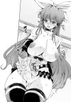 1girl blush breasts censored choker elbow_gloves foreskin futanari gloves huge_breasts legwear long_hair masturbation monochrome original penis red-rum solo stockings sweat thighhighs