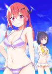  2_girls :t absurd_res bad_id bad_pixiv_id bat_hair_ornament bikini blue_skirt blush breast_envy breasts cleavage cloud commentary_request cowboy_shot day front-tie_bikini_top front-tie_top gabriel_dropout groin hair_between_eyes hair_ornament hand_on_own_hip high_res kerun lens_flare looking_at_viewer medium_breasts multiple_girls navel outside pink_hair purple_eyes satanichia_kurumizawa_mcdowell skirt small_breasts stomach strap_gap striped striped_bikini swimsuit swimsuit_skirt torii twin_tails vignette_tsukinose_april water yellow_bikini 