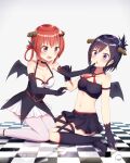  2_girls :d arm_grab black_hair black_legwear blush bow breasts checkered_floor cleavage collarbone commentary demon_girl demon_horns demon_tail demon_wings elbow_gloves gabriel_dropout gloves grabbing_another&#039;s_chin hair_ornament hair_ribbon hairclip hallelujah_essaim hand_on_another&#039;s_chin high_res horns kneehighs medium_breasts midriff multiple_girls open_mouth pantyhose piripun purple_eyes red_eyes red_hair reflective_floor ribbon satanichia_kurumizawa_mcdowell signature simple_background sitting skirt smile socks tail tile_floor tiles v-shaped_eyebrows vignette_tsukinose_april wariza white_background white_legwear wings 