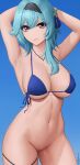  1girl big_breasts bikini blue_background blue_bikini blue_eyes blue_hair cleavage curvy curvy_figure eula_(genshin_impact) female_only genshin_impact hands_behind_head looking_at_viewer midriff mihoyo mihoyo_technology_(shanghai)_co._ltd. no_panties pale-skinned_female pale_skin pussy seductive_eyes short_hair side-tie_bikini solo_female swimsuit thick thick_thighs thong thong_bikini under_boob video_game_character voluptuous voluptuous_female zaphn 