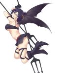  1girl ass bare_shoulders big_breasts black_footwear black_gloves black_panties black_skirt black_wings boots breasts crop_top demon_girl demon_wings dual_wielding female_only flying from_side full_body gabriel_dropout gloves hair_ornament half_updo hallelujah_essaim high_heel_boots high_heels high_res holding holding_polearm holding_weapon horns knee_boots legs_up looking_at_viewer looking_back medium_hair panties parted_lips pleated_skirt polearm purple_eyes purple_hair saruno_(eyesonly712) simple_background skindentation skirt smile smirk solo_female trident under_boob underwear upskirt vignette_tsukinose_april weapon white_background wings x_hair_ornament 