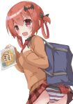  1girl 1girl accidental_exposure bag bat_hair_ornament blush bread cardigan commentary_request food gabriel_dropout hair_ornament hair_rings long_hair looking_at_viewer looking_back melon_bread panties pantyshot plaid plaid_skirt purple_eyes red_hair satanichia_kurumizawa_mcdowell school_bag school_uniform skirt solar_milk standing striped striped_panties underwear 