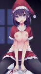  1girl 1girl :d alternate_costume black_pantyhose blush breasts capelet christmas commentary_request cowboy_shot crotch_seam fur-trimmed_capelet fur-trimmed_headwear fur-trimmed_skirt fur_trim gabriel_dropout hair_ornament hairclip hat indoors kyuukon_(qkonsan) looking_at_viewer medium_breasts medium_hair navel night night_sky nipples open_mouth panties panties_under_pantyhose pantyhose pantyshot purple_eyes purple_hair red_capelet santa_costume santa_hat sitting skirt sky smile star_(sky) starry_sky topless underwear vignette_tsukinose_april window x_hair_ornament 