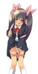  1girl aqua_eyes backpack bad_id bag black_hair blush censored footwear futanari hair_ribbon hair_ribbons leaning_forward long_hair mario_(artist) masturbation panties panty_down panty_pull penis randoseru ribbon ribbons school_uniform serafuku socks solo stealth_masturbation strap_slip sweat tongue twintails underwear 