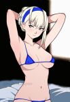 arms_behind_head bed big_breasts bikini bikini_top breasts erect_nipples grey_eyes judoippon megami_tensei merope_(p5x) persona persona_5 persona_5_the_phantom_x white_hair