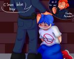 2boys arrested big_penis black_shoes blue_hair blue_pants boyfriend_(friday_night_funkin) english_text erect_penis erection flushed friday_night_funkin glasses male male_only nervous orange_hair penis penis_out pico's_school pico_(newgrounds) police_uniform red_shoes text white_shirt yaoi