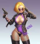  1girl asymmetrical_gloves big_breasts black_gloves black_jacket black_panties black_thighhighs blonde_hair breasts character_name collarbone dress english_text fingerless_gloves gloves gun hand_on_eyewear high_res jacket katoyo85 knife leather leather_jacket looking_at_viewer namco nina_williams open_clothes open_jacket open_mouth panties purple_dress short_hair stockings sunglasses teeth tekken tekken_1 tekken_2 tekken_3 tekken_4 tekken_5_dark_resurrection tekken_7 tekken_8 tekken_blood_vengeance tekken_bloodline tekken_tag_tournament tekken_tag_tournament_2 tekken_the_motion_picture thigh_strap tongue tongue_out torn_clothes underwear weapon 