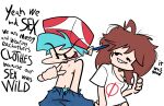  2021 aqua_hair bite blue_pants boyfriend_(friday_night_funkin) brown_hair english_text friday_night_funkin girlfriend_(friday_night_funkin) hattsworth newgrounds red_hat shitpost silly_face white_background white_panties white_shirt 