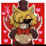  big_breasts black_eyes brown_gloves brown_hat brown_pants brown_skin dr.golden_(fnasmm) five_nights_at_sonic&#039;s_maniac_mania flushed hearts_around_body hearts_around_head hearts_in_background looking_at_viewer red_background red_bow red_cape red_pupils showing_breasts small_nipples smiling_at_viewer yellow_fur yellow_hair yellow_nipples 