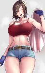  1girl alluring athletic_female big_breasts blue_gloves breasts brown_eyes brown_hair clash_kuro_neko cleavage cowboy_shot denim denim_shorts female_abs fingerless_gloves fit_female gloves high_res jacket jacket_removed kazama_asuka namco one_eye_closed red_tank_top short_hair short_shorts shorts sweat tank_top tekken tekken_5_dark_resurrection tekken_7 tekken_8 tekken_tag_tournament_2 tomboy white_background 