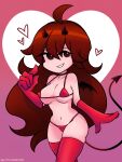 big_breasts big_thighs demon_horns demon_tail friday_night_funkin girlfriend_(friday_night_funkin) looking_at_viewer nervous nervous_smile newgrounds pink_fur red_bikini red_bra red_gloves red_panties red_socks small_nipples smiling_at_viewer white_background