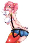 aina_ardebit ass big_breasts breasts condom condom_in_mouth condom_wrapper gggg gloves looking_at_viewer looking_back promare shorts sideboob stockings stockings suspenders tank_top thong white_background