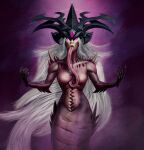  3d 3d_(artwork) crown demon_girl fakeignis_(artist) horns long_hair long_tongue monster_girl purple_background purple_eyes slaanesh warhammer_40k white_hair 