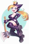  armwear axe blonde blonde_hair blue_eyes boots crown elbow_gloves gloves hoody long_boots miniskirt nintendo princess_peach sharp_teeth stockings supersatanson teeth_clenched thighs video_games wapeach_(nintendo) 