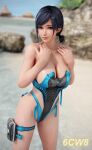  1girl 3d 6cw8 alluring beach big_breasts black_and_blue_hair blue_eyes cleavage dead_or_alive dead_or_alive_xtreme_venus_vacation female_only highleg_bikini ocean one-piece_bikini pin_up reika_(doa) tecmo 