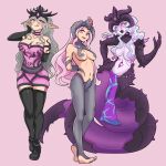  big_breasts blush blush boots choker crown demon_girl different_poses elf_ears exoskeleton fanart grey_hair humanoid inviting legwear long_boots long_hair long_thighhighs looking_at_viewer miniskirt no_shoes pink_eyes pink_hair purple_eyes slaanesh snake_girl spikes stockings warhammer_40k white_hair 