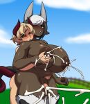 1boy 1girl black_sclera chrys_(daringchido) cow_girl cum cum_between_thighs dark-skinned_female devil_tail dheartdoodles female horns lactation large_breasts thigh_sex