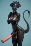 abs ai_generated alien alien_(franchise) alien_tail big_breasts big_testicles bikini black_skin breasts dripping_semen futanari grabbing_own_penis horse_penis looking_at_viewer muscle open_mouth pov spikes_(anatomy) tail xenomorph xenomorph_queen