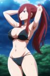 1girl ai_generated arms_up artkoikoi big_breasts bikini black_bikini black_panties breasts erza_scarlet fairy_tail female_only long_hair mature_female panties pervert pervert_female red_hair sex_invitation sexually_suggestive