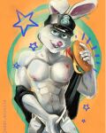  1boy anthro baseball baseball_cap baseball_uniform blue_eyes burger food furry_male furry_only jedah_missile kike_conejo lagomorph leporid lmb male male_only mascot mascots mexican muscular muscular_anthro nipples pectorals rabbit rabbit_ears saraperos_de_saltillo sexy solo_anthro tongue_out 