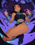  ai_generated bare_midriff blackfire boots dark_hair dc_comics energy floating floating_hair long_hair looking_at_viewer looking_down older older_female purple_eyes purple_hair teen_titans teen_titans_(television_series) young_adult young_adult_female young_adult_woman 