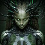 1girl ai_generated artificial_intelligence circuitboard circuitboard_skin evil_smile glowing_eyes green_eyes looking_at_viewer mecha mechanical mechanophilia robot_girl robot_humanoid robot_joints shodan system_shock wire wire_hair wires