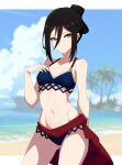  1girl absurd_res alluring beach bikini black_hair blue_bikini blurry blurry_background breasts brown_eyes cowboy_shot folded_ponytail guilegaze hair_between_eyes hand_on_own_chest high_res looking_at_viewer morag_ladair morag_ladair_(xenoblade) navel nintendo red_sash sash small_breasts swimsuit twin_tails xenoblade_(series) xenoblade_chronicles_2 