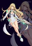  1girl aegis_sword_(xenoblade) alluring bare_shoulders blonde_hair blue_background blush cleavage coattails dress earrings full_body gloves hair_flip high_res holding holding_sword holding_weapon jewelry long_hair looking_at_viewer mythra nintendo shiny_skin smile sword thigh_strap tiara twitter_username weapon white_dress white_footwear xenoblade_(series) xenoblade_chronicles_2 yaizaberry yellow_eyes 